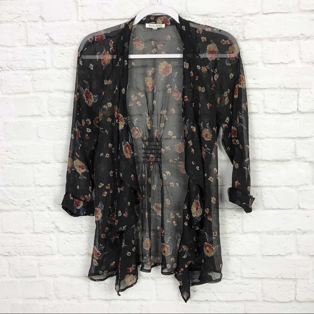 Black Rainn Black Sheer Floral Open Front Top SM